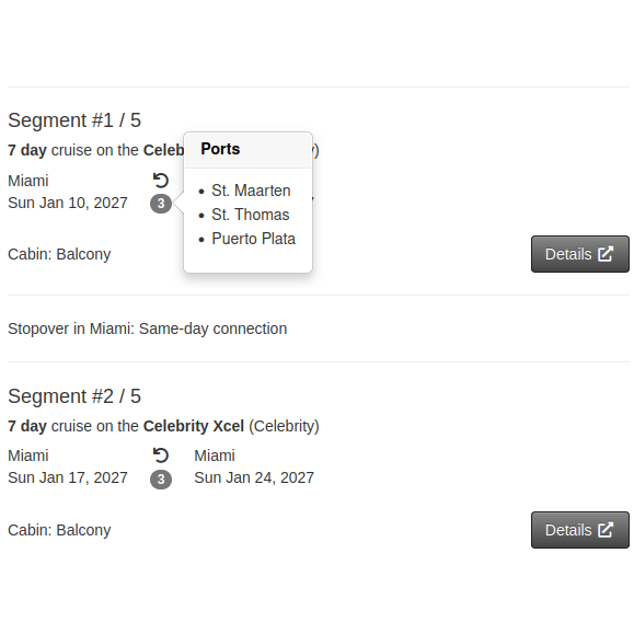 Segment breakdown with dates, ports and link to more info