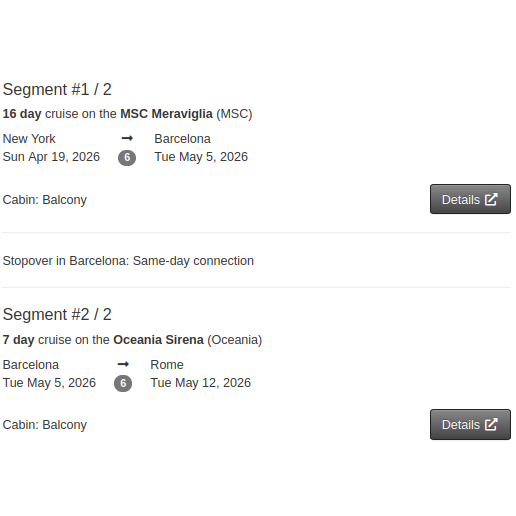 Segment breakdown with dates, ports and link to more info